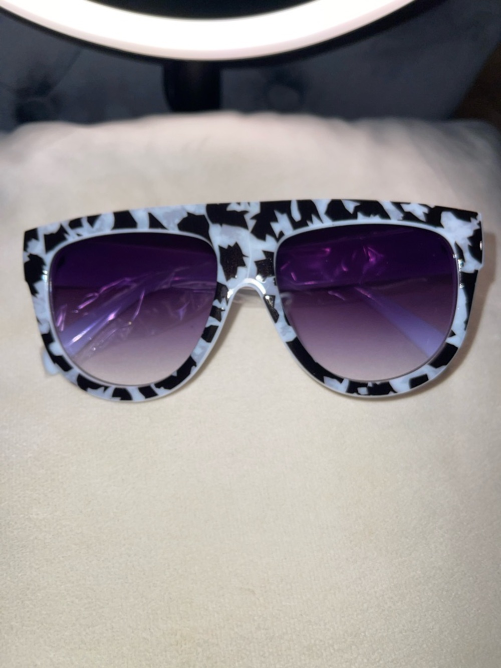 Statement Black & White Pattern Sunglasses with Purple Gradient Lenses